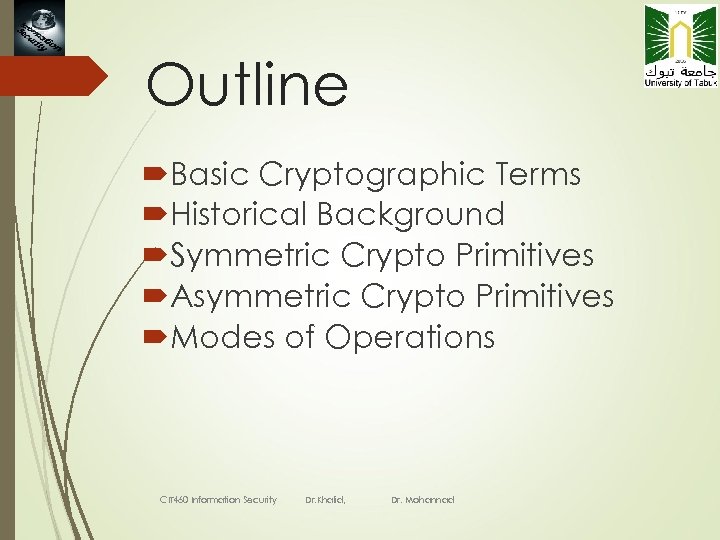 2 Outline Basic Cryptographic Terms Historical Background Symmetric Crypto Primitives Asymmetric Crypto Primitives Modes