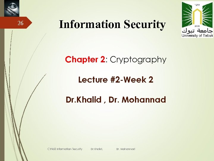 26 Information Security Chapter 2: Cryptography Lecture #2 -Week 2 Dr. Khalid , Dr.