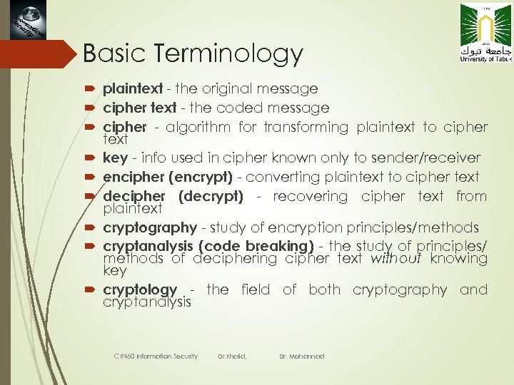 3 Basic Terminology plaintext - the original message cipher text - the coded message