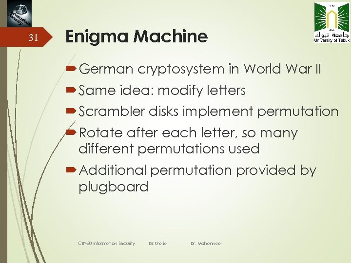 31 Enigma Machine German cryptosystem in World War II Same idea: modify letters Scrambler