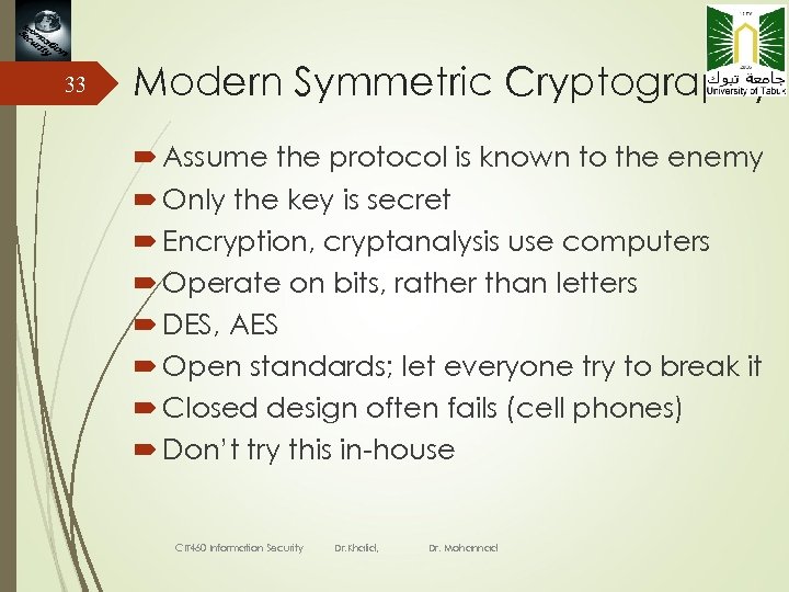 33 Modern Symmetric Cryptography Assume the protocol is known to the enemy Only the