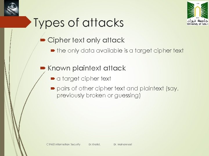 39 Types of attacks Cipher text only attack the only data available is a