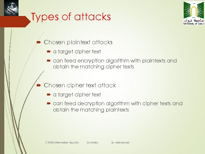 40 Types of attacks Chosen plaintext attacks a target cipher text can feed encryption