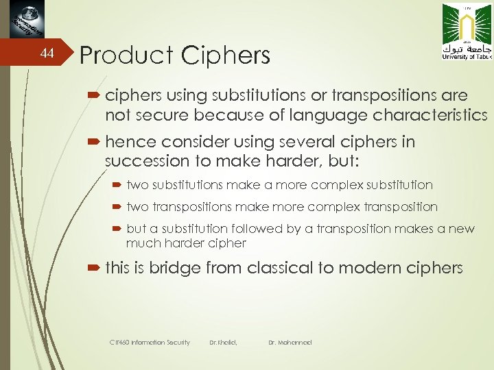 44 Product Ciphers ciphers using substitutions or transpositions are not secure because of language