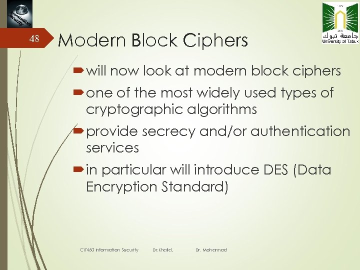 48 Modern Block Ciphers will now look at modern block ciphers one of the