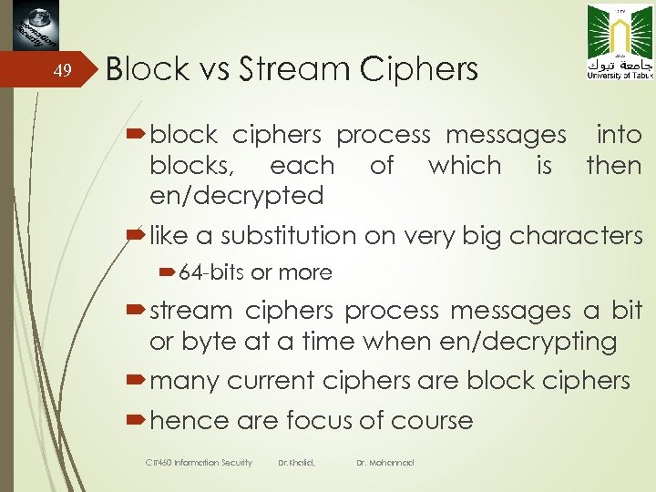 49 Block vs Stream Ciphers block ciphers process messages into blocks, each of which