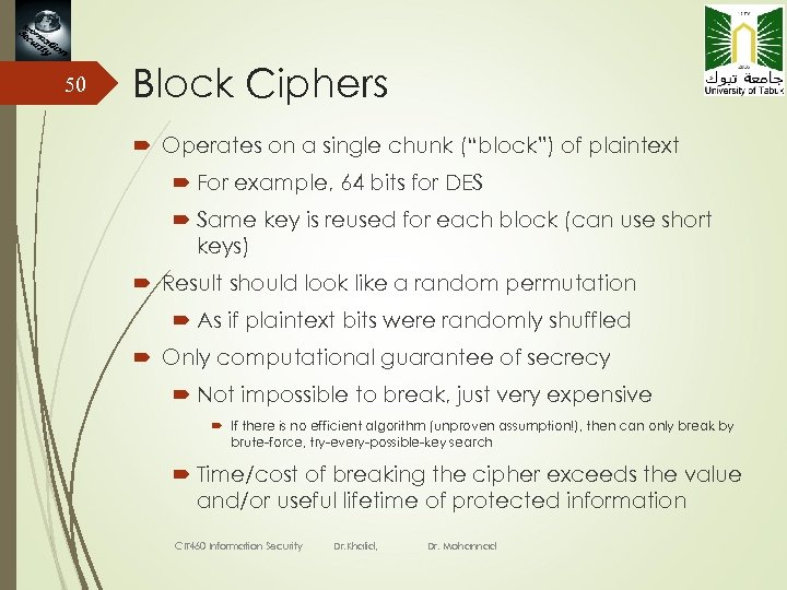 50 Block Ciphers Operates on a single chunk (“block”) of plaintext For example, 64