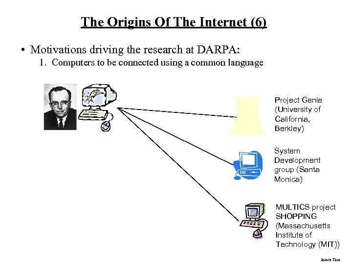 The Origins Of The Internet (6) • Motivations driving the research at DARPA: 1.