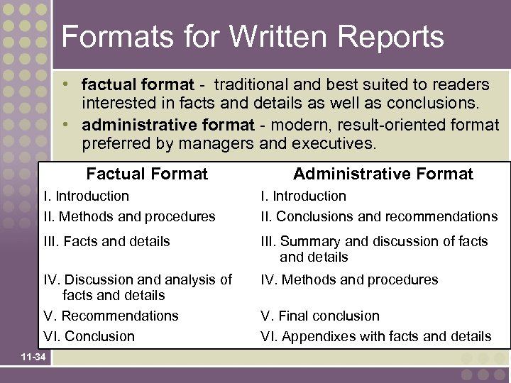 Formats for Written Reports • factual format - traditional and best suited to readers