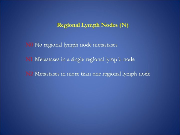 Regional Lymph Nodes (N) N 0 No regional lymph node metastases N 1 Metastases