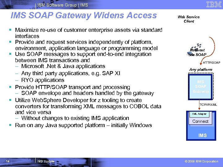 IBM Software Group | IMS SOAP Gateway Widens Access Web Service Client § Maximize