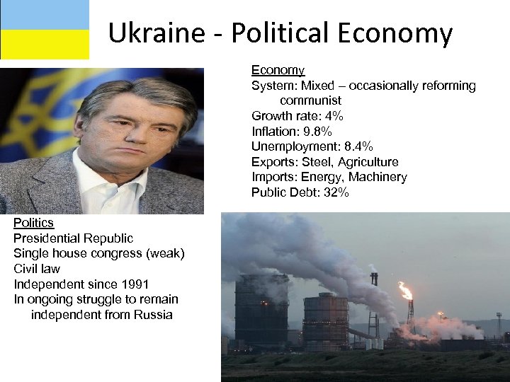 Ukraine - Political Economy System: Mixed – occasionally reforming communist Growth rate: 4% Inflation: