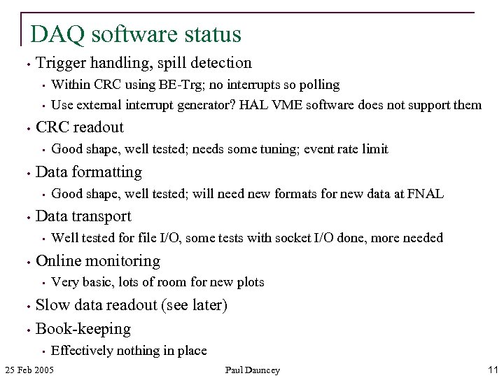 DAQ software status • Trigger handling, spill detection • • • CRC readout •