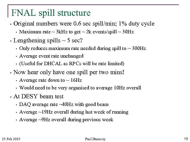 FNAL spill structure • Original numbers were 0. 6 sec spill/min; 1% duty cycle