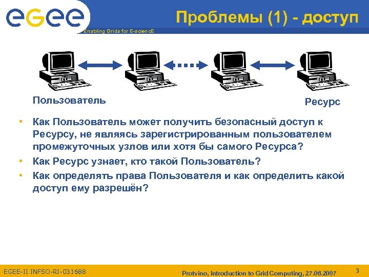 Проблемы (1) - доступ Enabling Grids for E-scienc. E Пользователь Ресурс • Как Пользователь