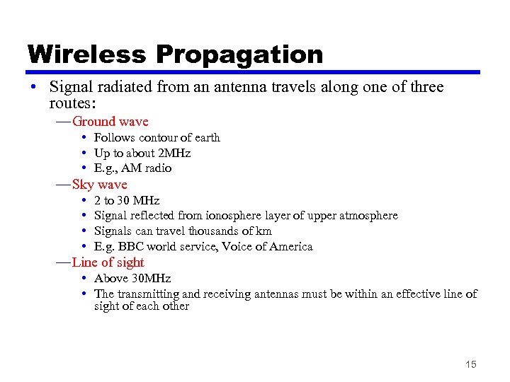 Wireless Propagation • Signal radiated from an antenna travels along one of three routes: