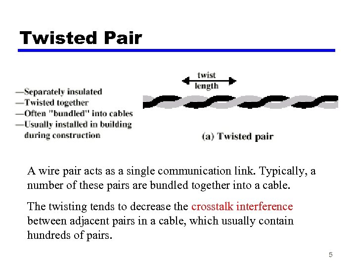 Twisted Pair A wire pair acts as a single communication link. Typically, a number