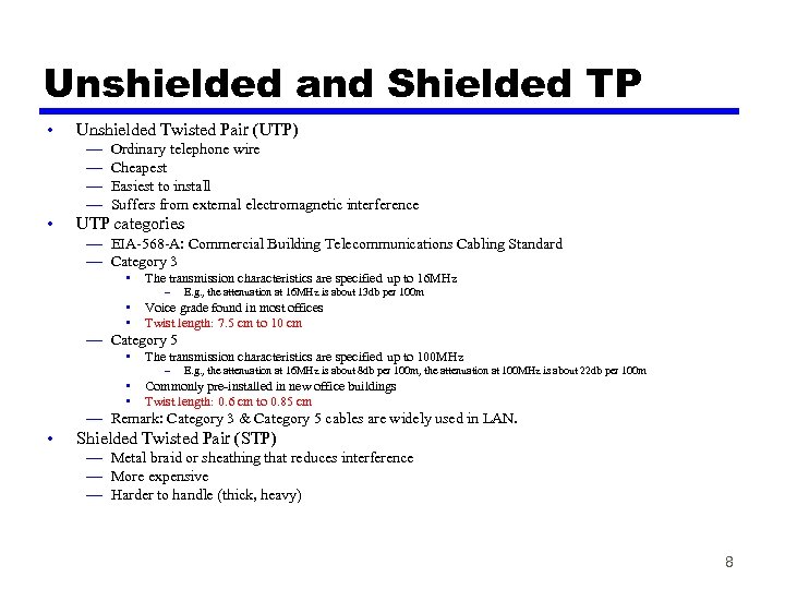 Unshielded and Shielded TP • Unshielded Twisted Pair (UTP) — — • Ordinary telephone