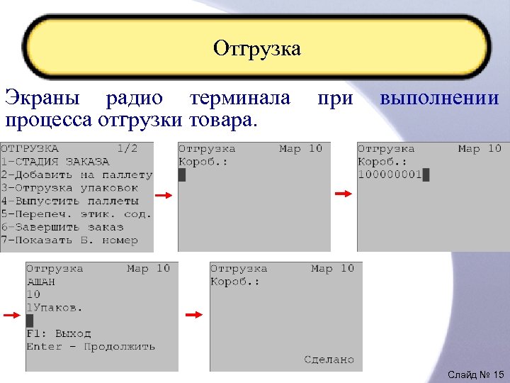 Отгрузка Экраны радио терминала процесса отгрузки товара. при выполнении Слайд № 15 