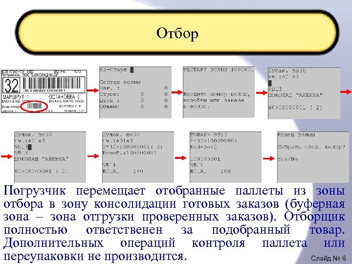 Отбор Погрузчик перемещает отобранные паллеты из зоны отбора в зону консолидации готовых заказов (буферная