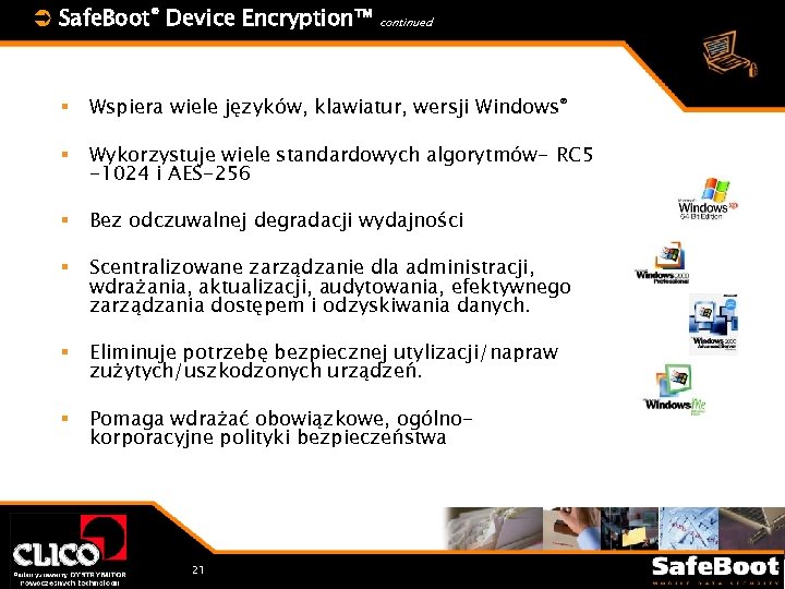 Ü Safe. Boot® Device Encryption™ continued § Wspiera wiele języków, klawiatur, wersji Windows® §