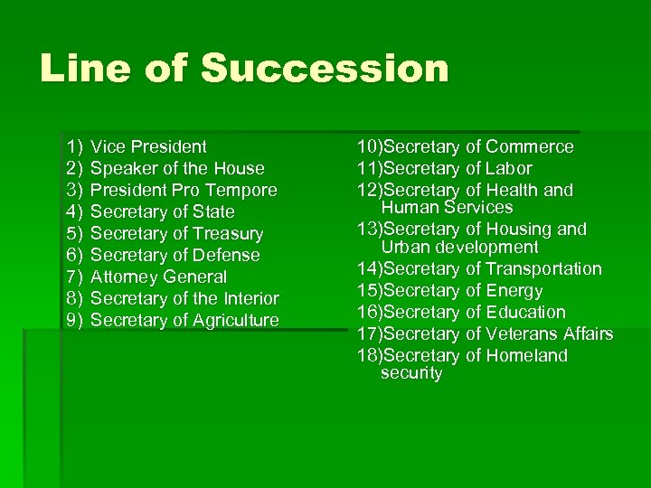 Line of Succession 1) 2) 3) 4) 5) 6) 7) 8) 9) Vice President