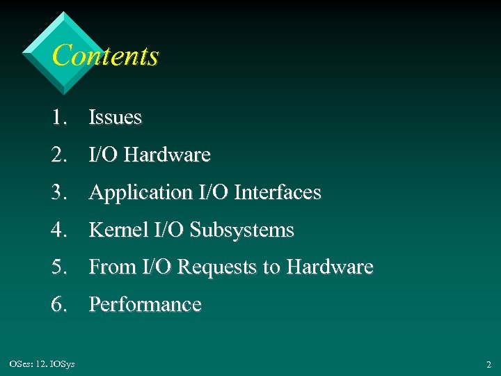 Contents 1. Issues 2. I/O Hardware 3. Application I/O Interfaces 4. Kernel I/O Subsystems