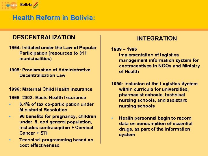 Bolivia Health Reform in Bolivia: DESCENTRALIZATION 1994: Initiated under the Law of Popular Participation