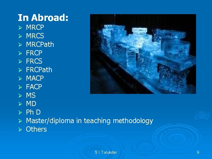 In Abroad: Ø Ø Ø Ø MRCP MRCS MRCPath FRCP FRCS FRCPath MACP FACP
