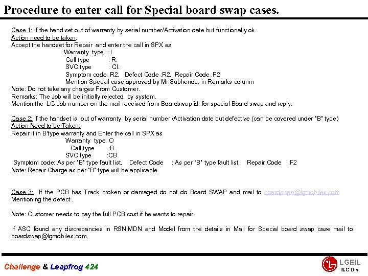 Procedure to enter call for Special board swap cases. Case 1: If the hand