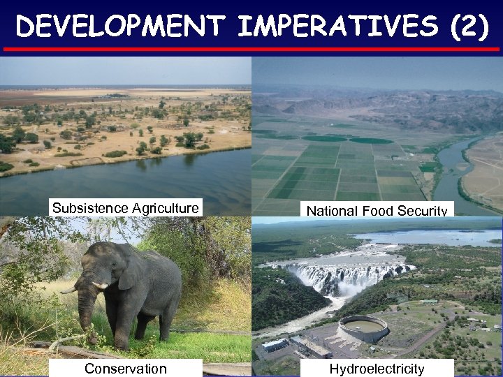 DEVELOPMENT IMPERATIVES (2) Subsistence Agriculture National Food Security Conservation Hydroelectricity 