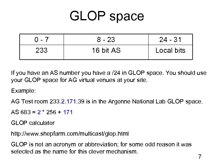 GLOP space 0 - 7 233 8 - 23 16 bit AS 24 -