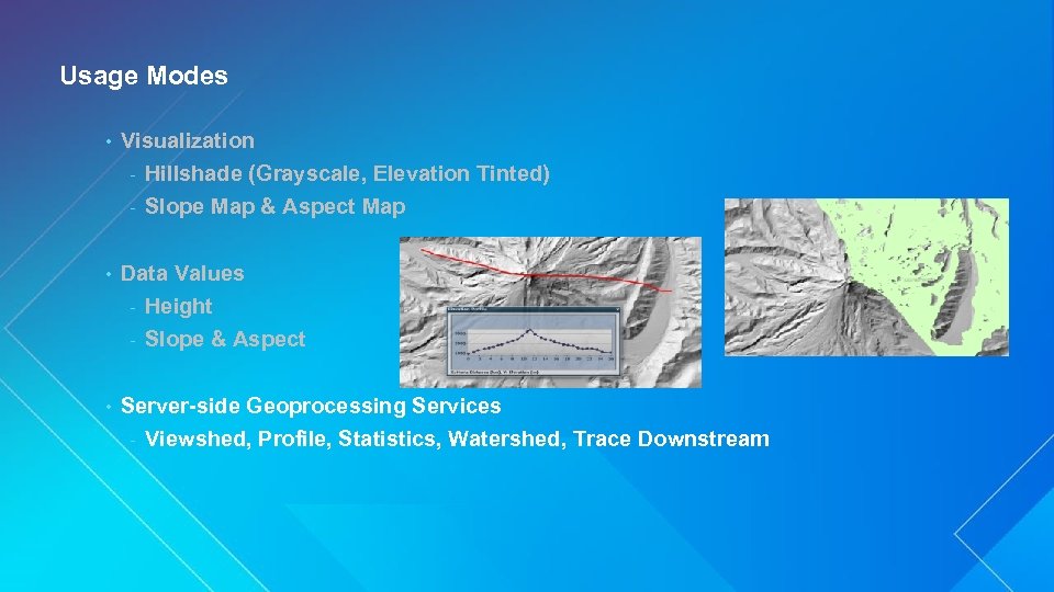 Usage Modes • Visualization - Hillshade (Grayscale, Elevation Tinted) - Slope Map & Aspect