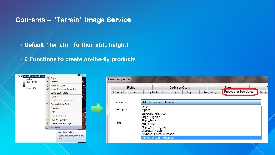 Contents – “Terrain” Image Service • Default “Terrain” (orthometric height) • 9 Functions to