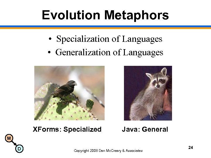 Evolution Metaphors • Specialization of Languages • Generalization of Languages XForms: Specialized Java: General