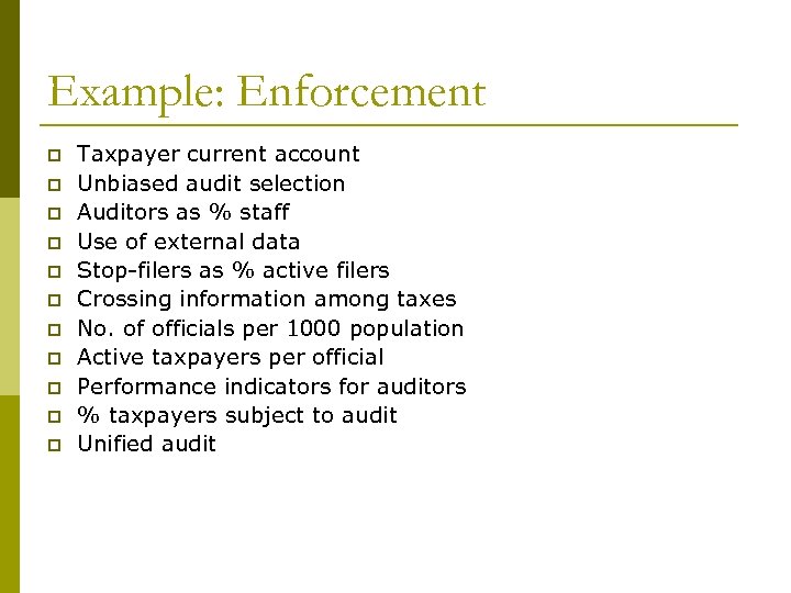 Example: Enforcement p p p Taxpayer current account Unbiased audit selection Auditors as %