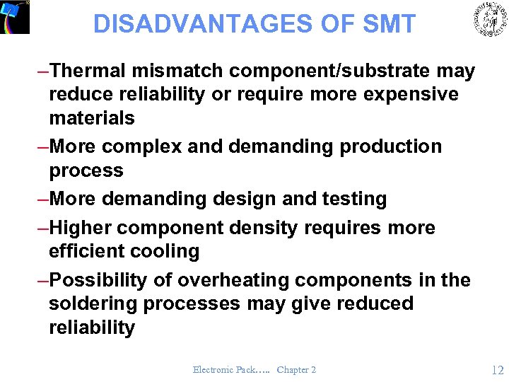 DISADVANTAGES OF SMT –Thermal mismatch component/substrate may reduce reliability or require more expensive materials