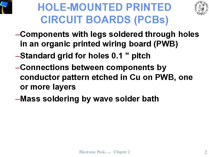 HOLE-MOUNTED PRINTED CIRCUIT BOARDS (PCBs) –Components with legs soldered through holes in an organic