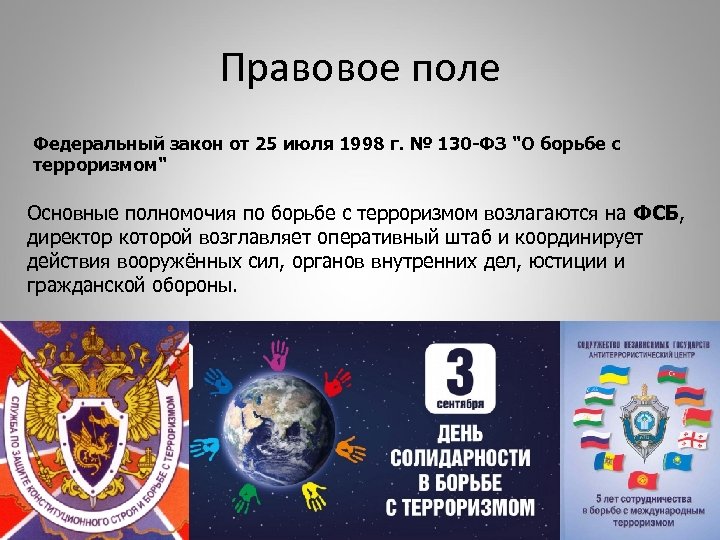 Правовое поле Федеральный закон от 25 июля 1998 г. № 130 -ФЗ "О борьбе