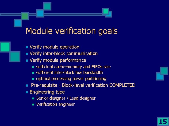Module verification goals n n n Verify module operation Verify inter-block communication Verify module