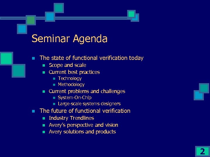 Seminar Agenda n The state of functional verification today n n Scope and scale