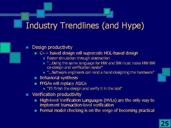 Industry Trendlines (and Hype) n Design productivity n C++ based design will supercede HDL-based