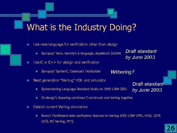 What is the Industry Doing? n Use new language for verification other than design