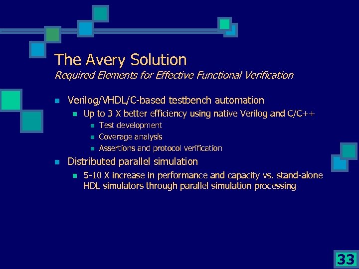 The Avery Solution Required Elements for Effective Functional Verification n Verilog/VHDL/C-based testbench automation n