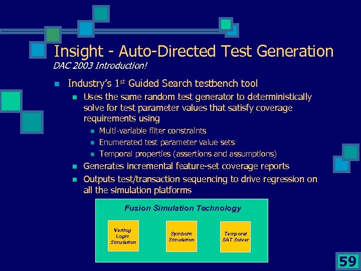 Insight - Auto-Directed Test Generation DAC 2003 Introduction! n Industry’s 1 st Guided Search