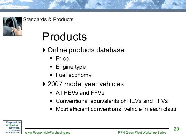 Products 4 Online products database § Price § Engine type § Fuel economy 42007