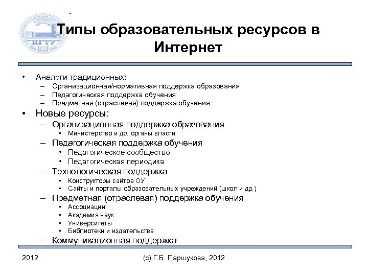 Типы образовательных ресурсов в Интернет • Аналоги традиционных: – Организационная/нормативная поддержка образования – Педагогическая
