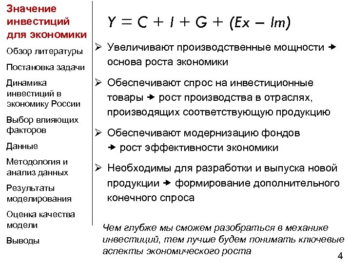 Значение инвестиций для экономики Y = C + I + G + (Ex –