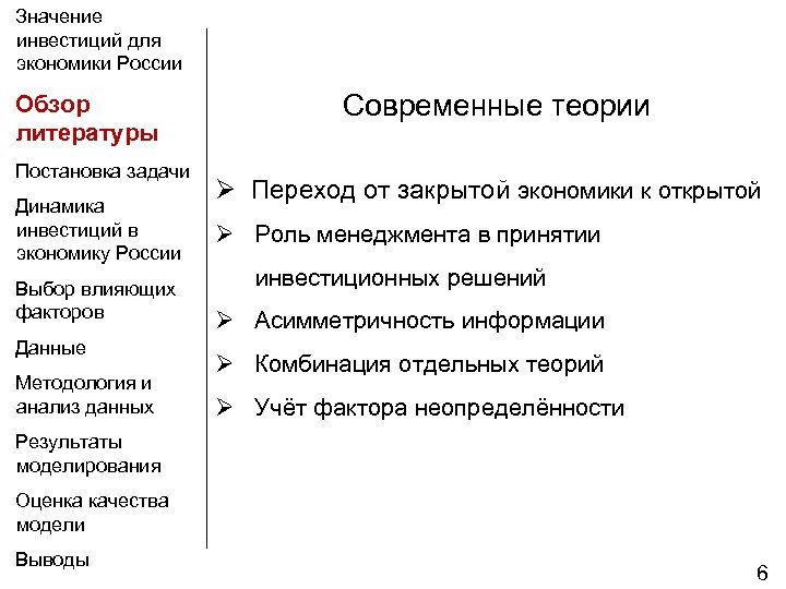 Значение инвестиций для экономики России Обзор литературы Постановка задачи Динамика инвестиций в экономику России