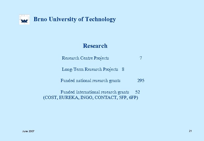  Brno University of Technology Research Centre Projects 7 Long-Term Research Projects 8 Funded